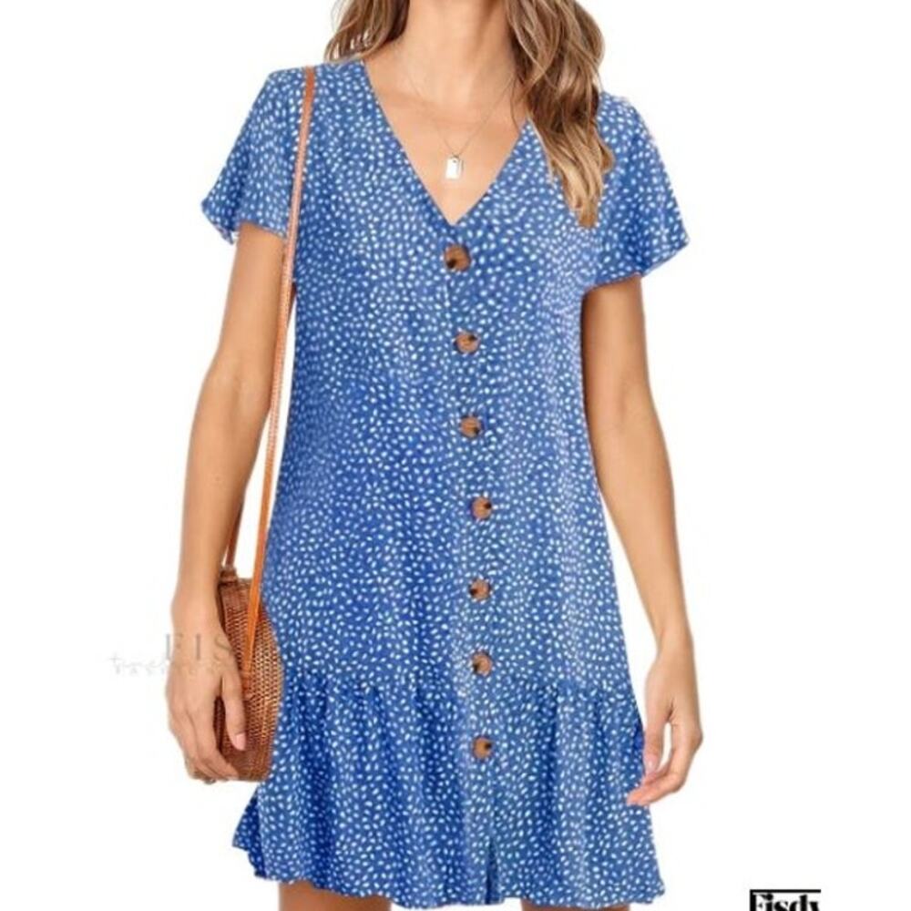 Women's Blue & White Polka Dot A-Line Button-Up Dress V-Neck Short Sleeve Size L